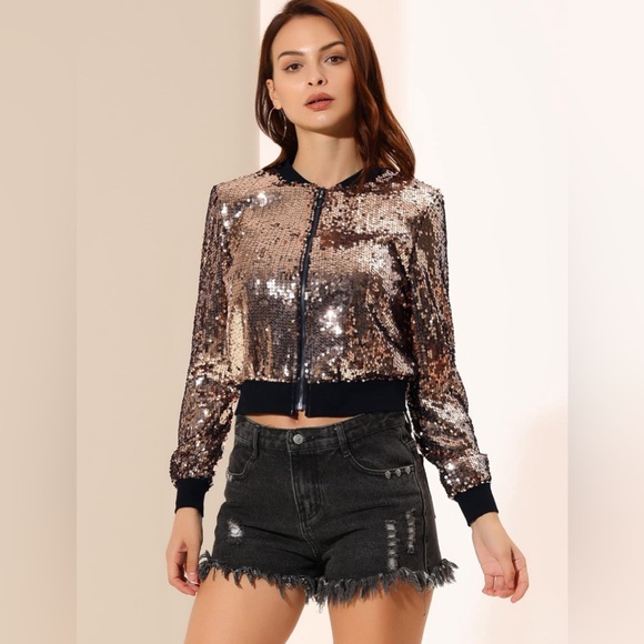 ⭐️HP! Women's Sequin Jacket Long Sleeve Cropped Zipper Up Party Glitter Bomber - Picture 2 of 10
